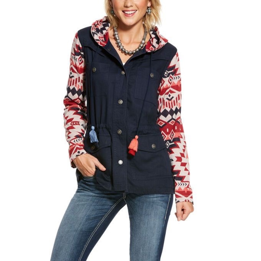 Ariat Navy Hooded Jacket with Red & Cream Aztec Sleeves